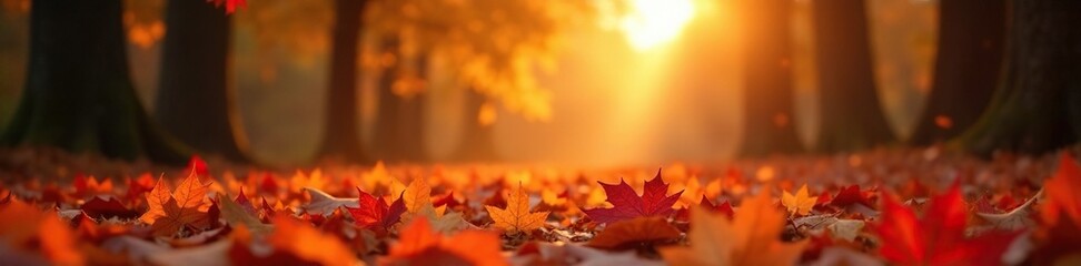 Faint light of dawn illuminates fallen maple leaves, maple, nature, sun