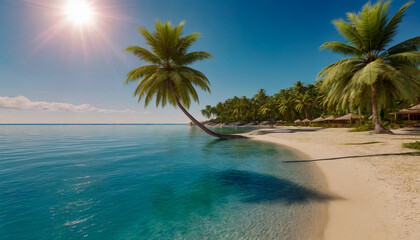 Palm trees on the sandy beach of a beautiful bay.