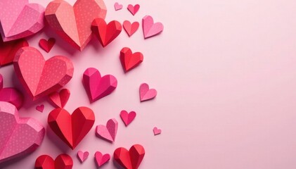 Numerous paper hearts in varying shades of pink and red, softly layered on a pale pink backdrop , pattern, Valentine, celebration