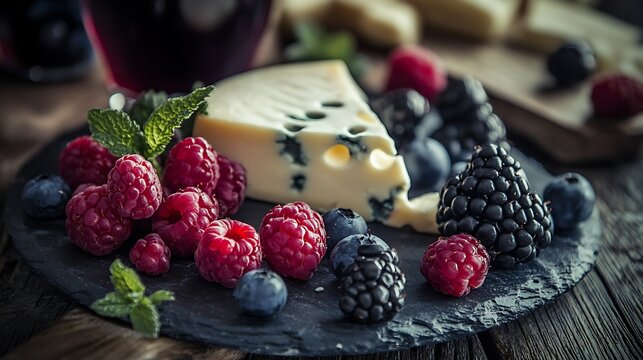Berry and cheese on a plate with alochhole bevarage in a glass
