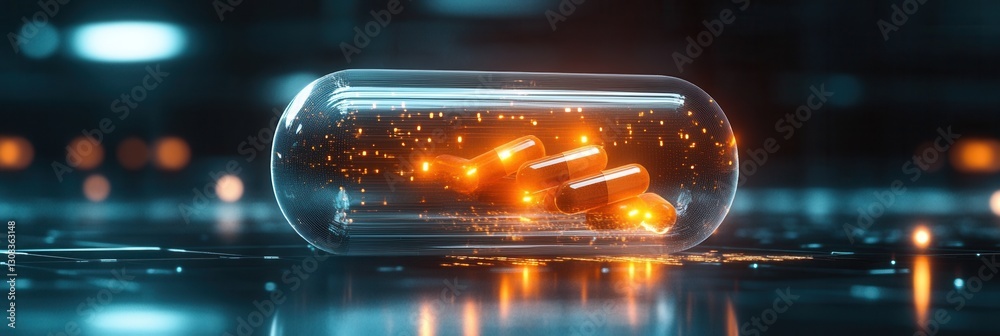 Leinwandbilder futuristic transparent pill bottle with glowing capsules in a high tech cyberpunk environment genera