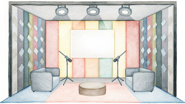Podcast studio watercolor, colorful podcast studio with mood lighting and unique decor