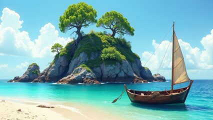 Obraz premium Tranquil Seascape A Picturesque Island Retreat with a Small Wooden Sailboat Gently Anchored in the Crystal-Clear Turquoise Water Beside a Sandy Beach