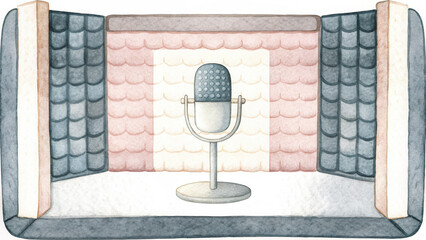 Podcast studio watercolor, cozy podcasting setup featuring microphone surrounded by soundproofing panels, creating inviting
