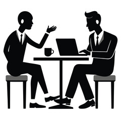 Business Discussion. Vector cartoon illustration in a flat style of a group of diverse people leading a discussion at a table near a whiteboard with charts and graphs.