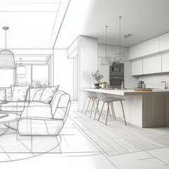 modern living space featuring kitchen and living room design, showcasing cozy sofa, stylish chairs, and elegant decor elements. sketch like style adds creative touch to interior