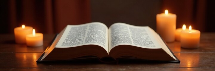 Obraz premium Open Bible on a pedestal with candles surrounding it, luxury, sophisticated, refined