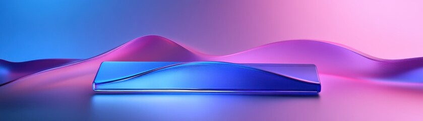 A close-up view of a sleek cell phone resting on a wooden table, featuring a vibrant wave pattern on its screen, reflecting soft natural light, creating an inviting atmosphere.