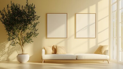 A minimalist living room with two blank poster frames on the wall, a sofa, and an olive tree in front of it. The color palette is cream, with a hyper-realistic, 