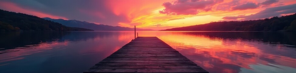 Fototapeta premium Rustic dock at sunset, water reflecting vibrant colors, water, image, reflection