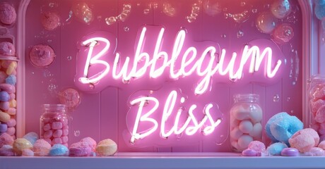 Neon sign bubblegum bliss bright electric pink baby blue floating inside futuristic candy bar surrounded bubble patterns