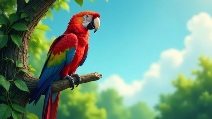 Obraz premium Vibrant Scarlet Macaw Perched on a Branch, Enjoying a Sunny Day in Lush Greenery
