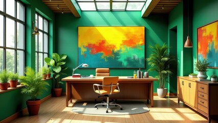 Biophilic office background, A vibrant biophilic office with lush green walls sunlight wooden desk and potted plants bright and modern.