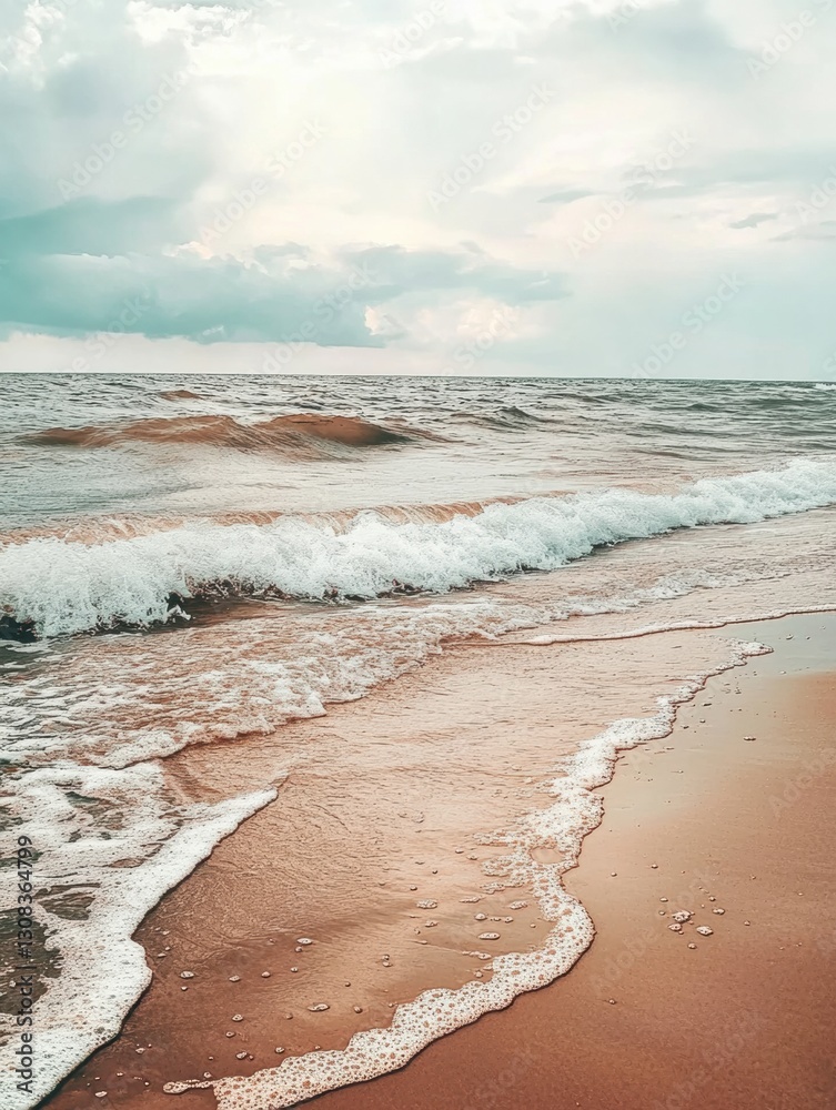 Aufkleber Lonely seashore with gentle waves under an overcast sky invites tranquility and reflection Generative AI
