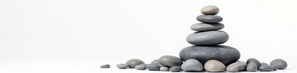 Grey sea pebbles stacked in a balanced tower on white , nature, ocean stones, grey