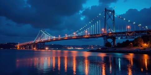 Illuminated bridge spanning bay at night, dramatic sky, famous, cables, architecture