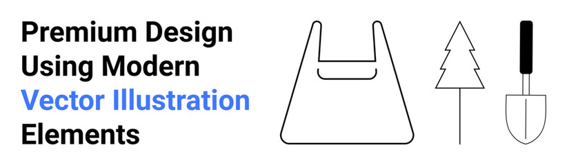 Eco shopping bag with handles, simple pine tree outline, and gardening trowel illustration. Ideal for sustainability concepts, eco-friendly initiatives, gardening themes, nature conservation