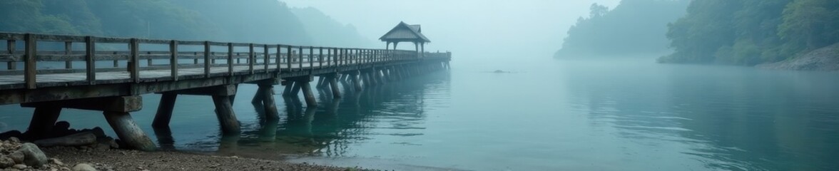 Obraz premium Ancient wooden pier extends into foggy river, stone foundation visible, serene, old, pier