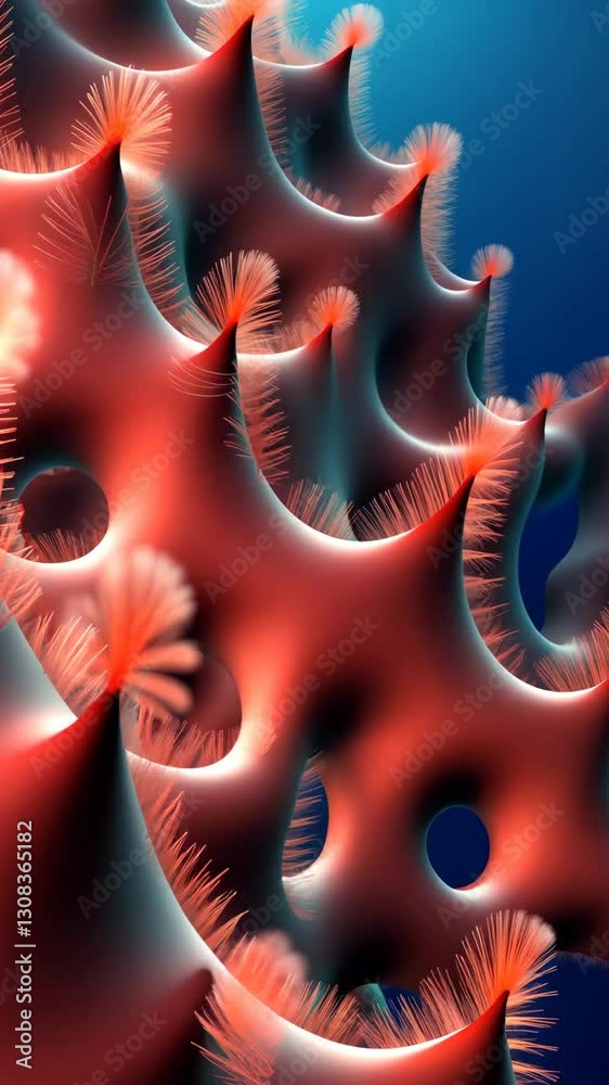 Poster A red and blue image of a plant with red spikes. The spikes are in different sizes and are arranged in a spiral pattern