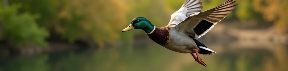 Obraz premium Mallard hen airborne, showcasing iridescent wing feathers, animal, iridescent