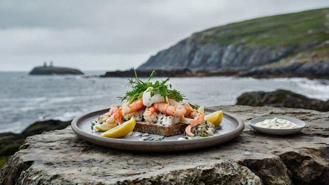 A coastal-inspired smørrebrød served on a rustic stone plate, topped with mackerel, fresh shrimp, and a dollop of creamy