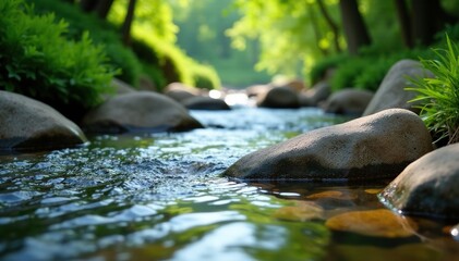 Gently flowing river, polished stones, idyllic setting, fresh, smooth, nature