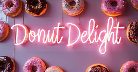 Neon sign donut delight tangerine soft lavender casting glow onto caf wall surrounded floating patterns