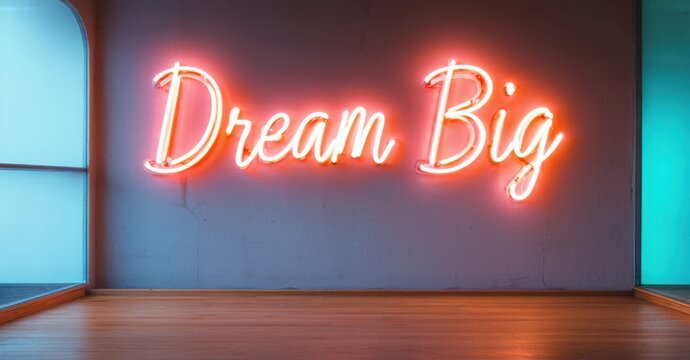 Naklejki Neon sign dream big warm coral bright cyan mounted minimalist studio wall casting reflections glossy wooden floor sleek workspace
