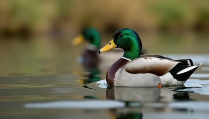 Green-headed mallard hen paddling calmly near reeds , creature, peaceful, bird