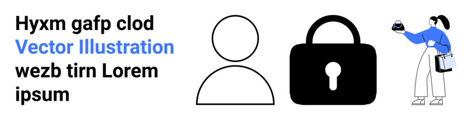 User profile outline, lock icon symbolizing security, and a person holding a key object. Ideal for technology, cybersecurity, login credentials, privacy, data protection, user authentication flat