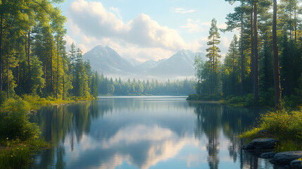 Naklejka premium Serene mountain lake with dense evergreen forest, misty peaks, romantic scenery, idyllic wilderness 