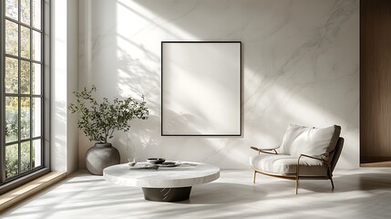A mockup of an A3 blank poster frame on the wall in a white modern interior, with a marble coffee table and an armchair, natural lighting, 