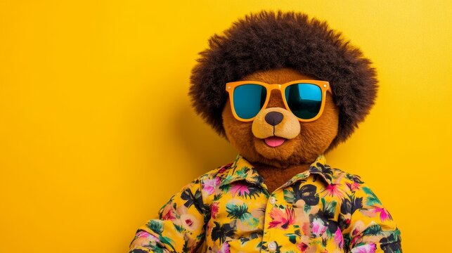 Groovy Bear in Summer Shirt - A playful teddy bear with an afro, sporting 70s sunglasses and a vibrant floral shirt. Symbolizing fun, summer, fashion, retro, and joy