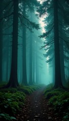Obraz premium Braided trees, glowing lights, foggy forest, portal scene, mystical, shine, otherworldly