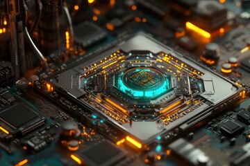 A 3D illustration of a quantum computer chip on a motherboard, showcasing complex data processing systems designed for the next generation of AI and machine learning applications.
