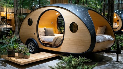 Open teardrop camper interior displaying bed, nature background, outdoor show