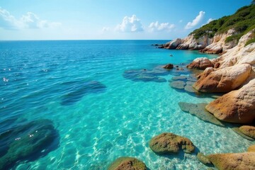 Fototapeta premium Clear blue water laps smooth rocks, idyllic seascape , calm, cliff, rocks