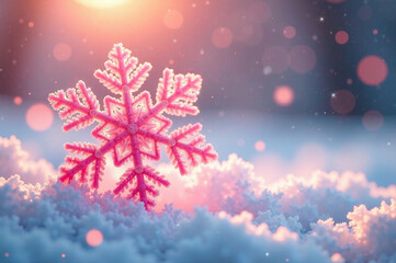 Fototapeta premium Beautiful pink snowflake in snow, winter pastel light colors, magical holiday season, generative AI, depth of field, dreamy mood, soft lighting, warm atmosphere, painterly style, high quality, sparkl