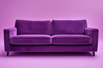 A stylish purple couch is photographed against a monochromatic background