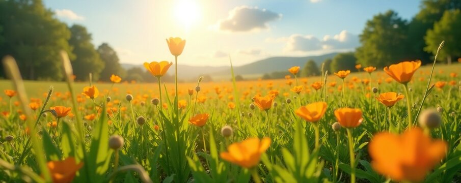 Field of asfodelo in full bloom with sunlight filtering through, wildflower field, sunlight