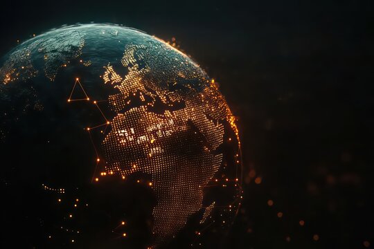 A 3D render of Earth, with Europe highlighted using tiny dots, binary code, and digital lines, representing the connection between big data, global business, and cryptocurrency.