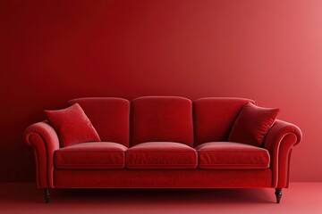 Fototapeta premium A luxurious red velvet sofa with pillows against a wall