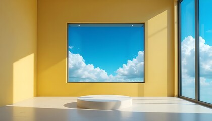 Fototapeta premium Minimalist 3D Abstract Scene with Blue Sky, White Clouds, and a Blank Podium in a Yellow Room