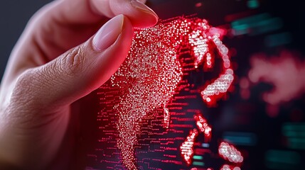 Woman Interacting with Red Pixelated World Map Digital Projection