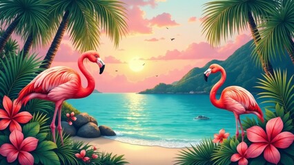 Serene Sunset Beach Scene with Two Graceful Flamingos Amidst Lush Tropical Foliage