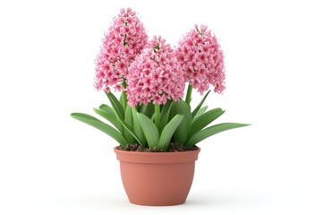 Fototapeta premium A 3D rendering of a pink hyacinth plant in a pot, isolated on white, with realistic details of the flowers and leaves.
