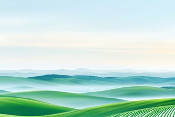Obraz premium Misty Morning Hillscape - Serene landscape, rolling green hills shrouded in morning mist, symbolizes peace, tranquility, renewal, nature's beauty, and endless horizons