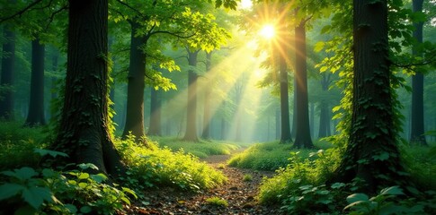 Dense forest foliage with sunlight filtering through, photography, woodland scene
