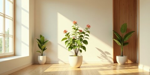 Fototapeta premium Sunlight Illuminates Minimalist Room Decor Featuring Three Potted Plants in Modern White Pots on Light Wood Floor
