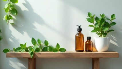 Serene spa-like setting with amber bottles and vibrant green foliage on a minimalist wooden shelf